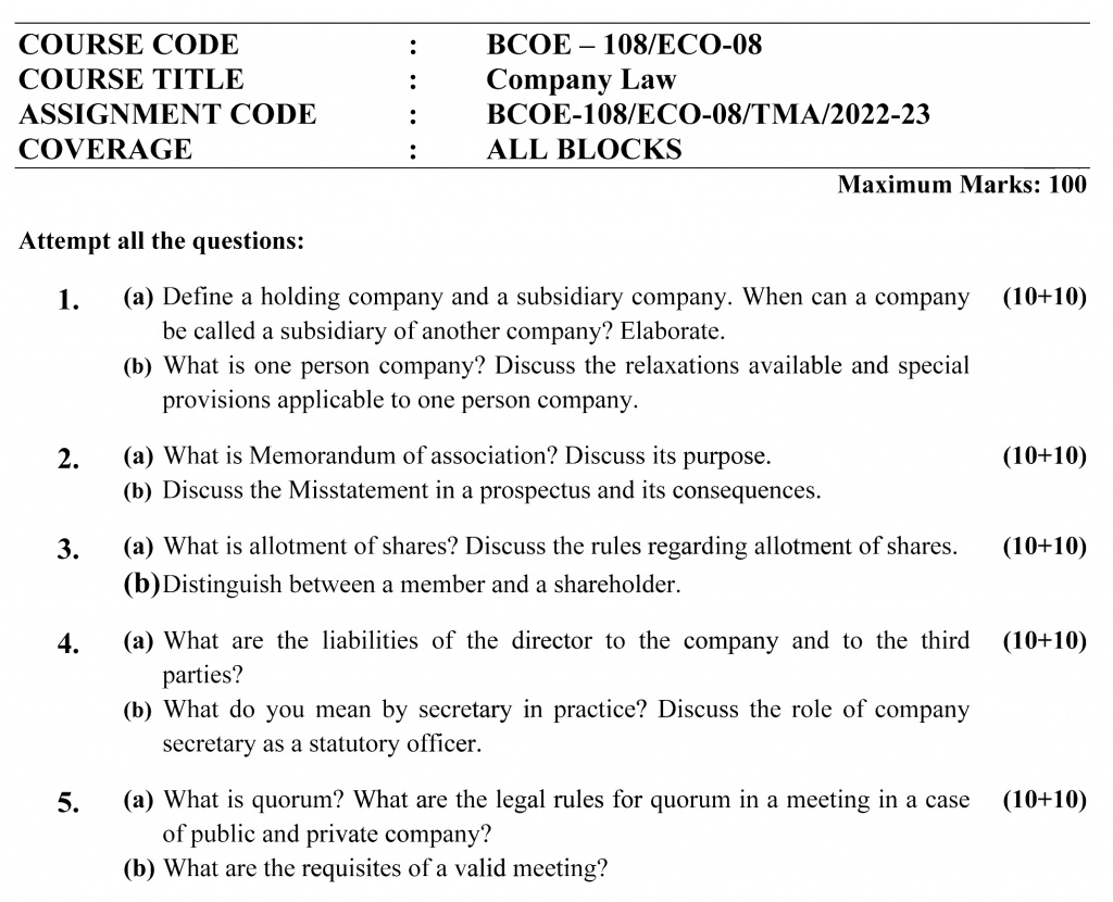 IGNOU BCOE-108 - Company Law, Latest Solved Assignment-July 2022 – January 2023