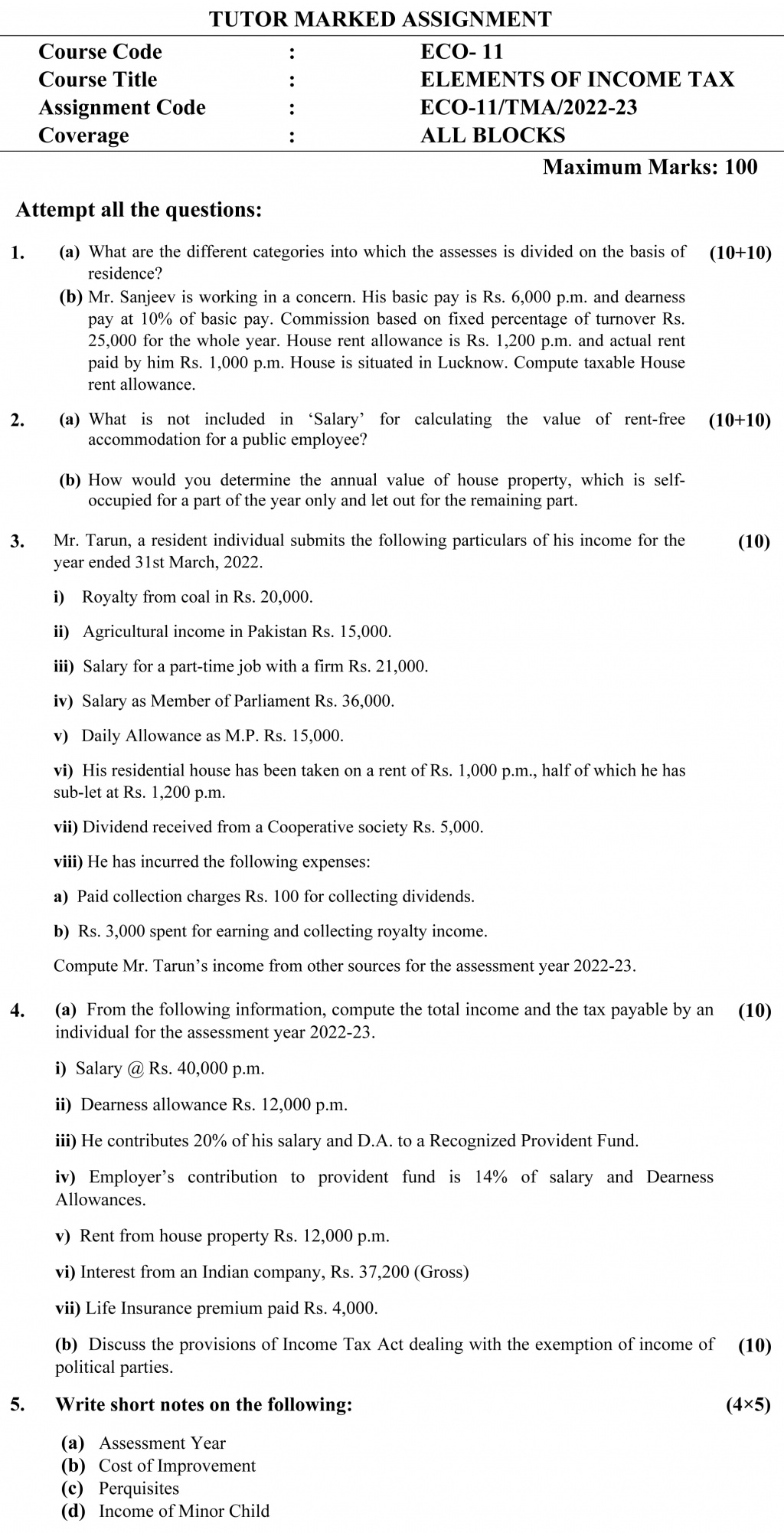 ECO-11 - Elements of Income Tax-July 2022 – January 2023