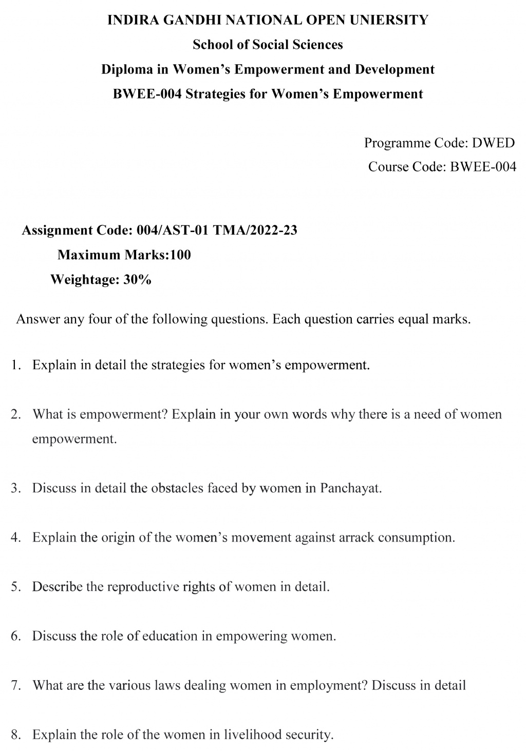 IGNOU BWEE-04 - Strategies for Women’s Empowerment, Latest Solved Assignment-July 2022 – January 2023