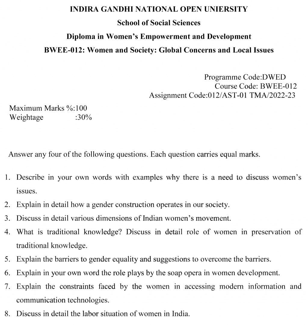 IGNOU BWEE-12 - Women and Society: Global Concerns and Local Issues, Latest Solved Assignment-July 2022 – January 2023