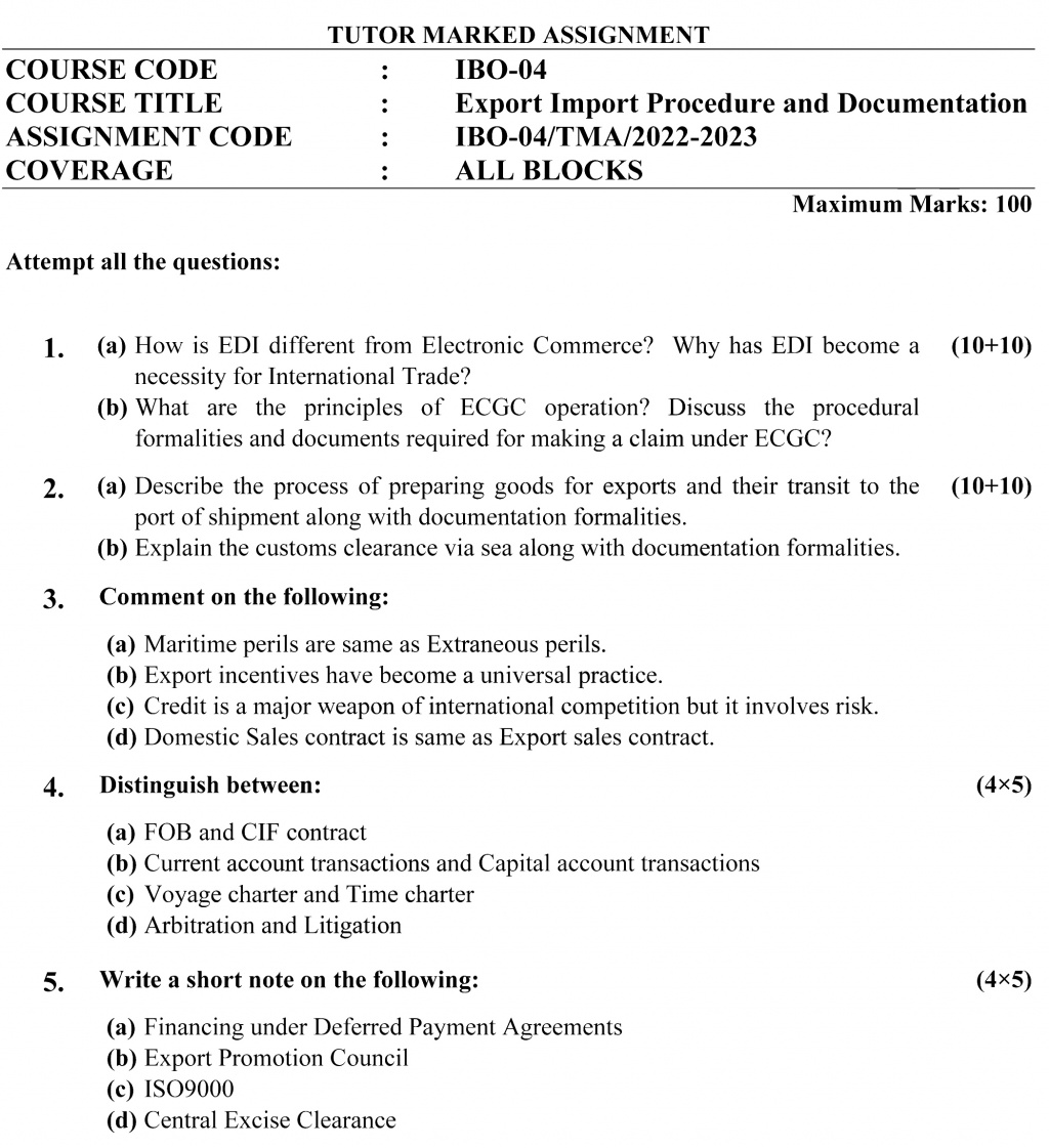 IGNOU IBO-04 - Export Import Procedures and Documentation, Latest Solved Assignment-July 2022 – January 2023