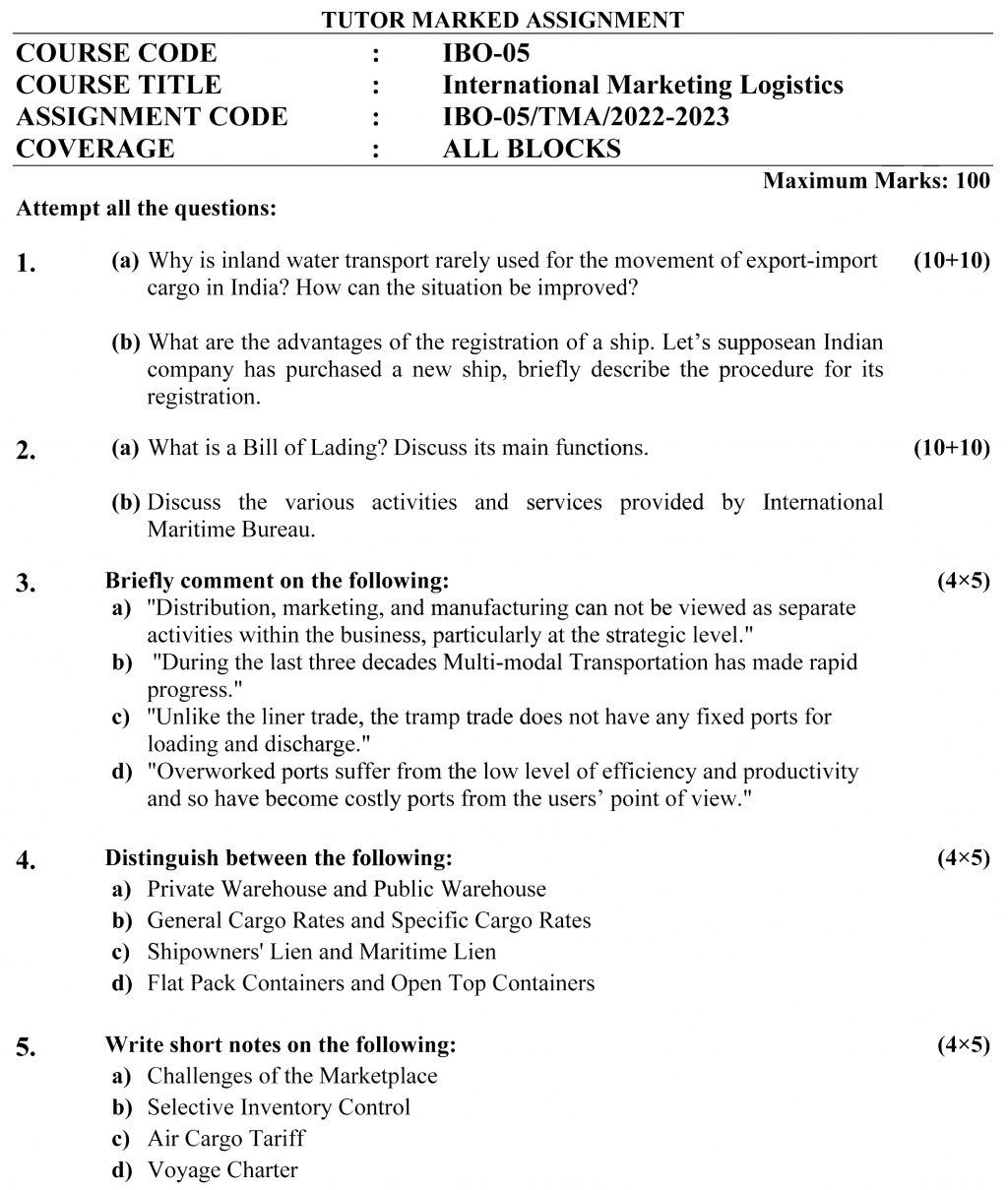 IGNOU IBO-05 - International Marketing Logistics, Latest Solved Assignment-July 2022 – January 2023