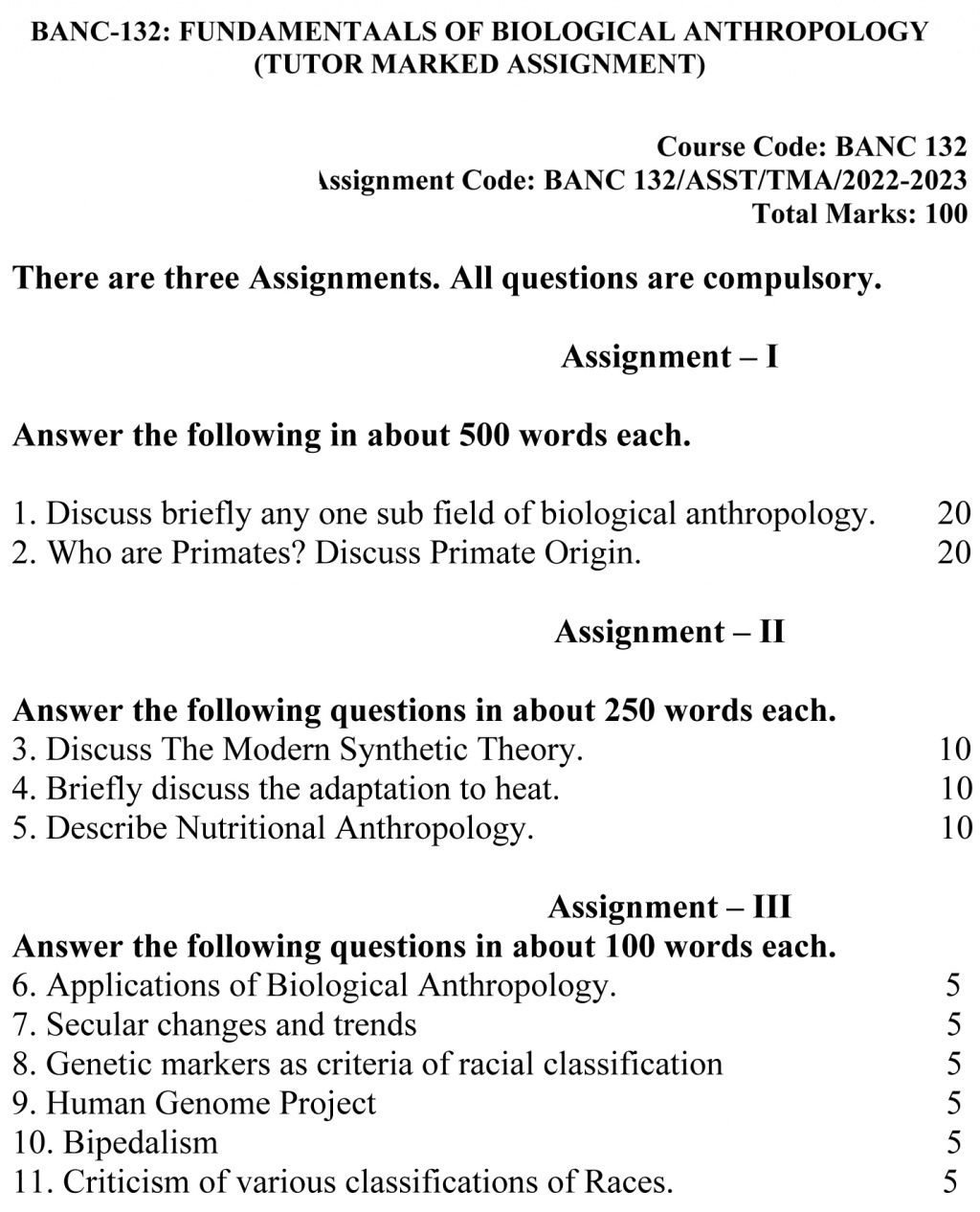 IGNOU BANC-132 - Fundamentals of Biological Anthropology, Latest Solved Assignment-July 2022 – January 2023