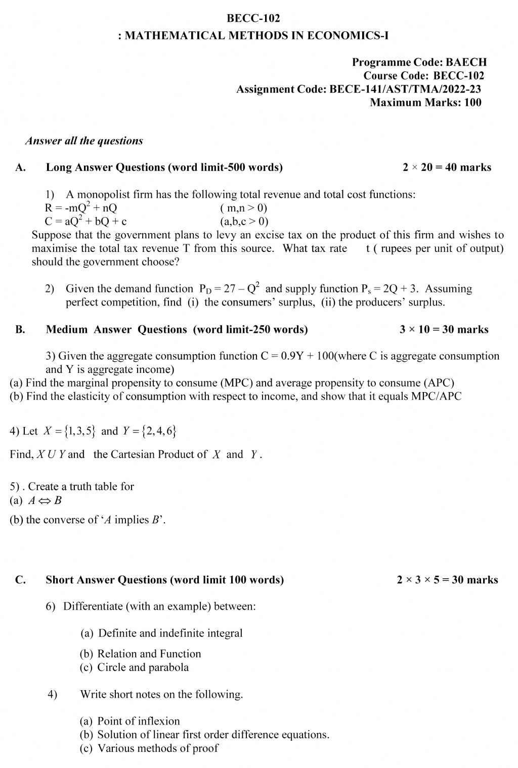 IGNOU BECC-102 - Mathematical Methods for Economics-I, Latest Solved Assignment-July 2022 – January 2023