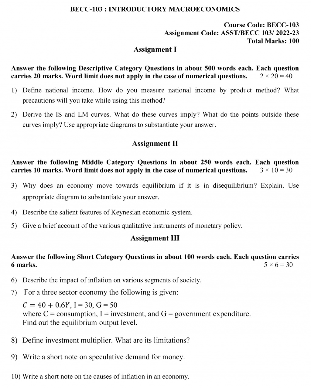 BECC-103 - Introductory Macroeconomics-July 2022 – January 2023