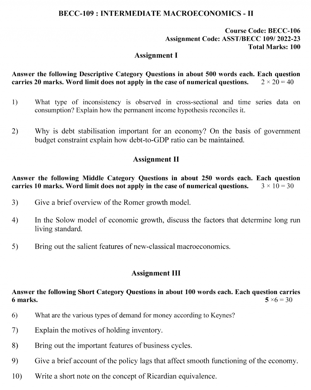 BECC-109 - Intermediate Macroeconomics-II-July 2022 – January 2023