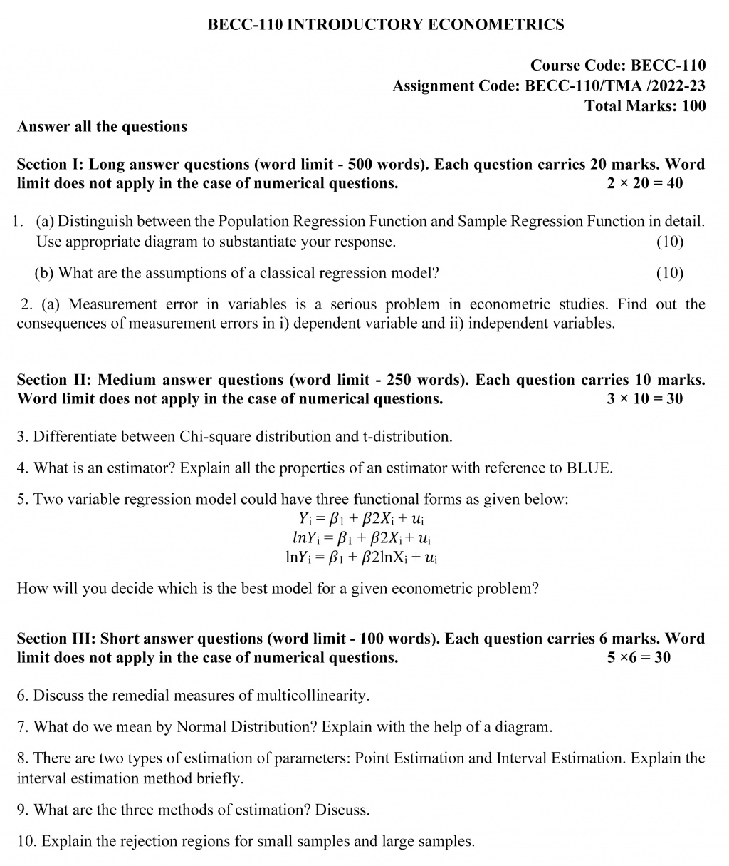 BECC-110 - Introductory Econometrics-July 2022 – January 2023