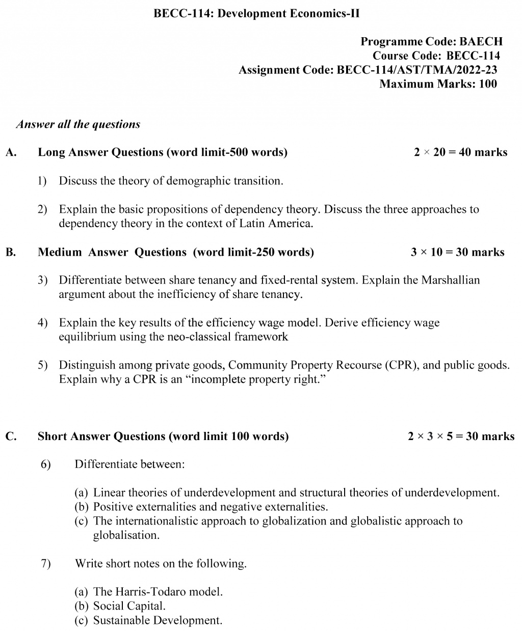 BECC-114 - Development Economics II-July 2022 – January 2023