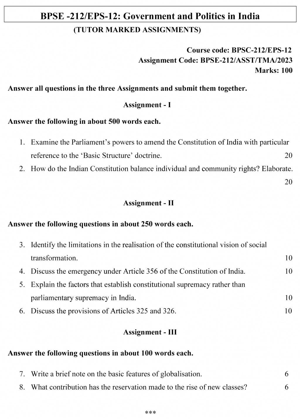 EPS-02/BPSE-212 - Government and Politics in India-July 2022 – January 2023