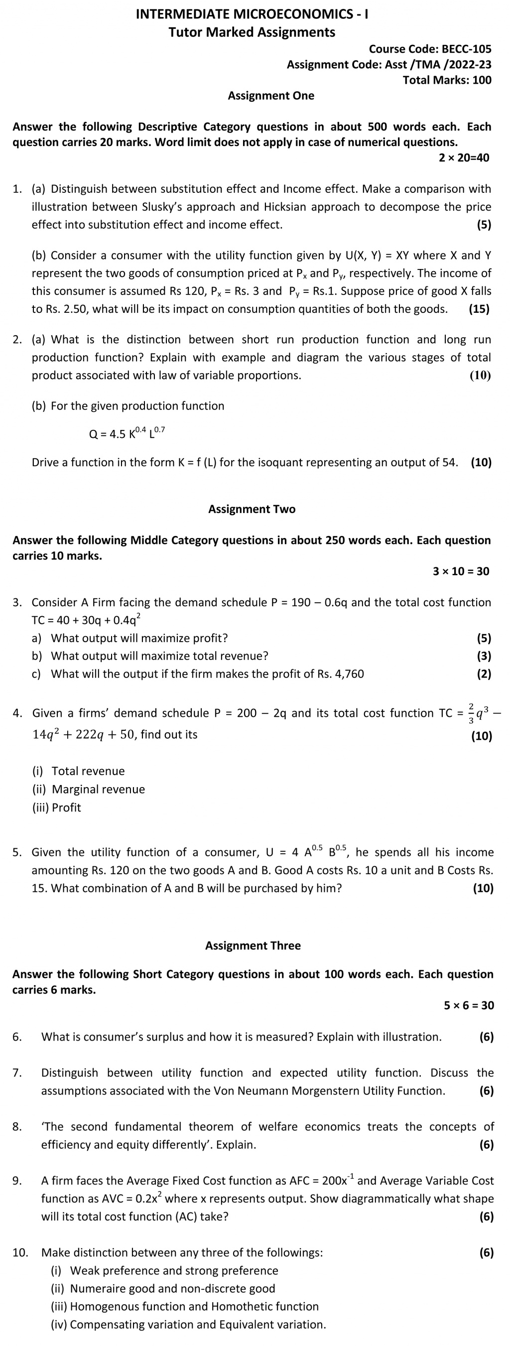 IGNOU BECC-105 - Intermediate Microeconomics I, Latest Solved Assignment-July 2022 – January 2023