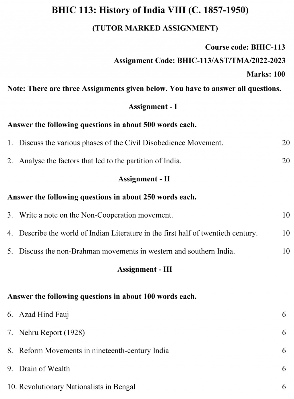IGNOU BHIC-113 - History of India –VIII (c. 1857 – 1950) Latest Solved Assignment-July 2022 – January 2023