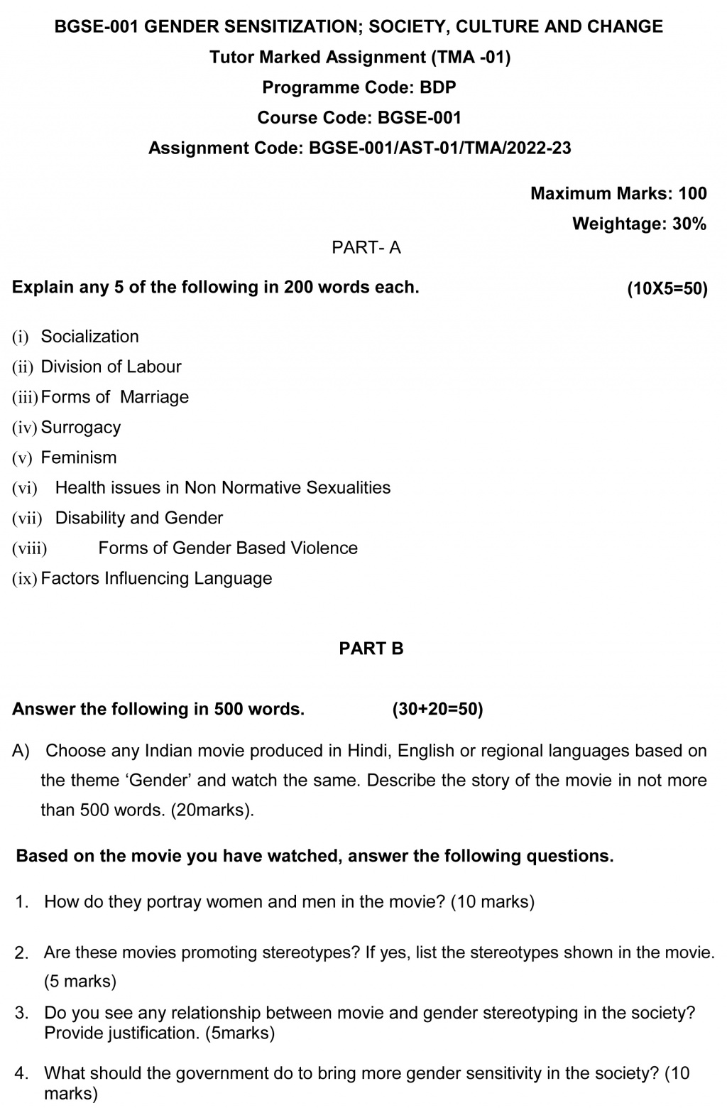 BGSE-01 - Gender Sensitization; Society, Culture And Change-July 2022 – January 2023