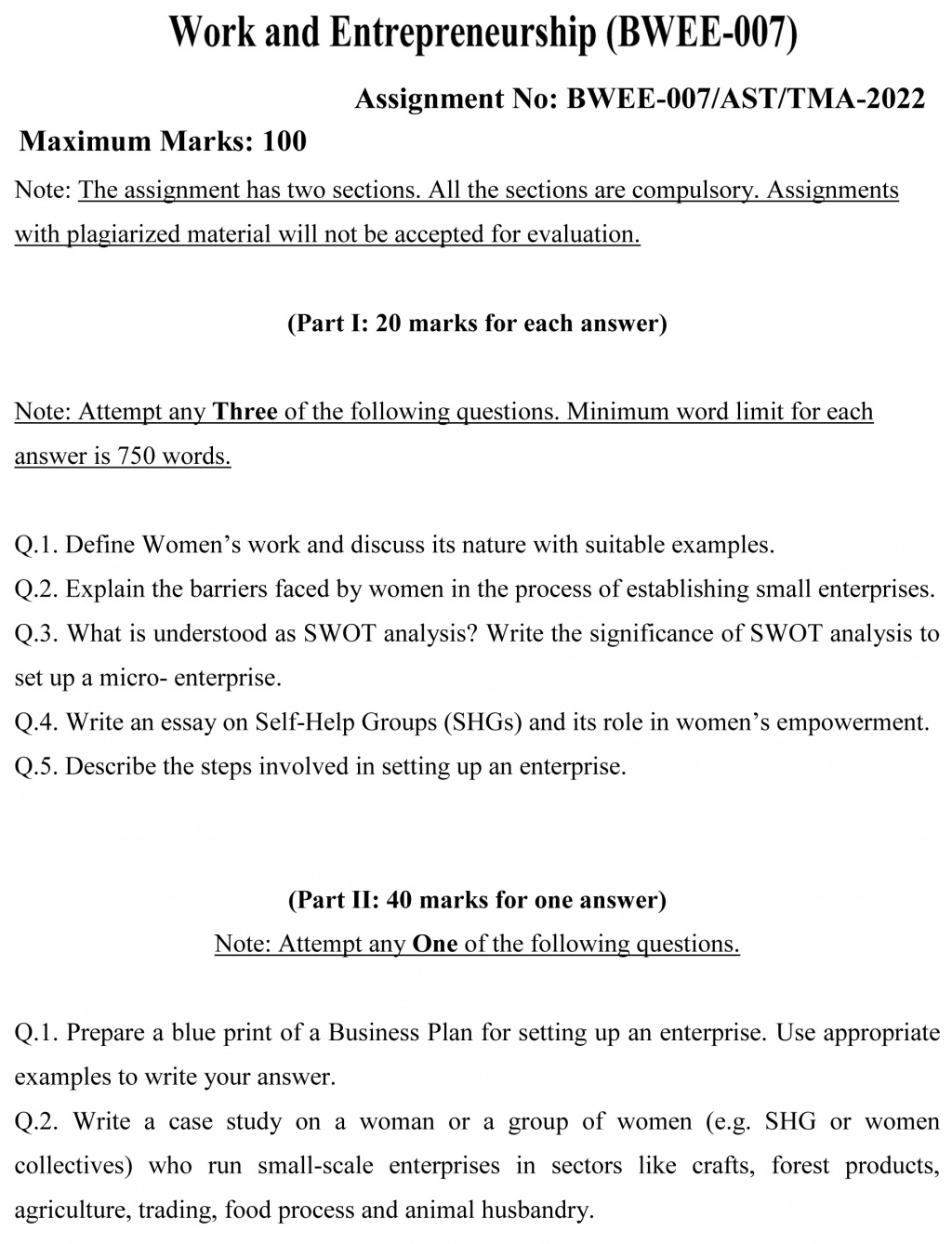 IGNOU BWEE-07 - Work and Entrepreneurship, Latest Solved Assignment-July 2022 – January 2023