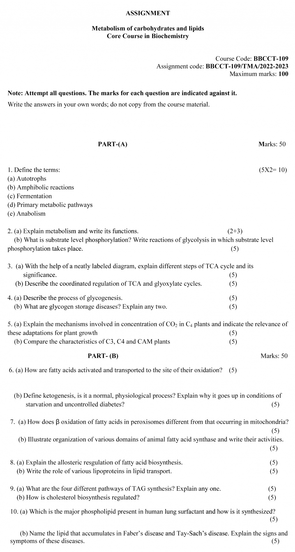 IGNOU BBCCT-109 - Metabolism of Carbohydrates and Lipids, Latest Solved Assignment-July 2022 - January 2023