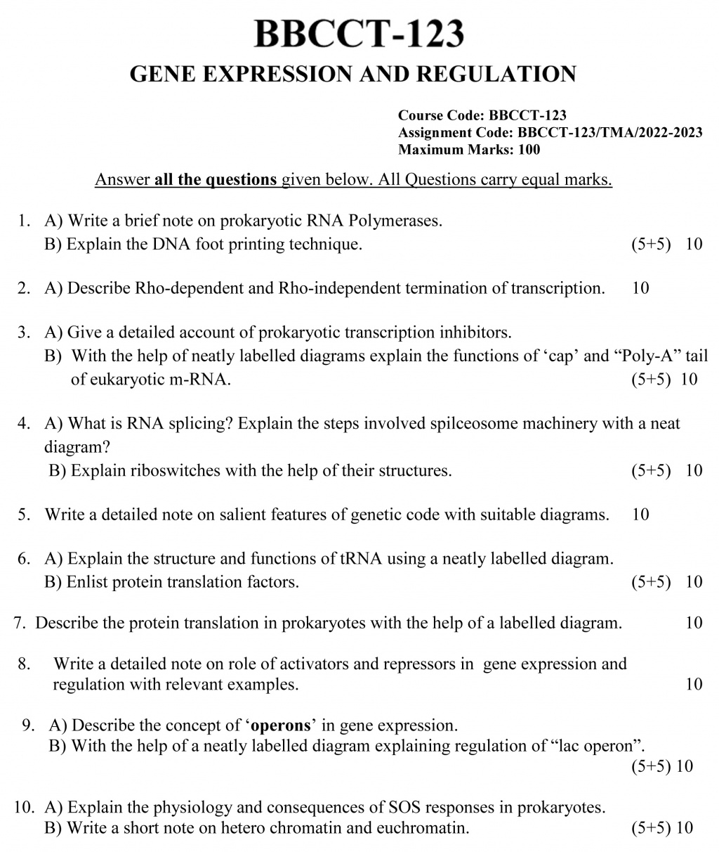 IGNOU BBCCT-123 - Gene Expression and Regulation Latest Solved Assignment-January 2023 - December 2023