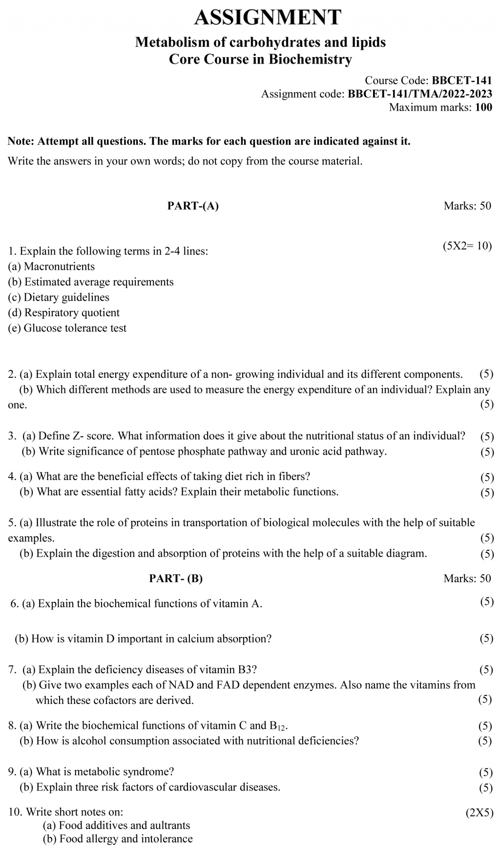 IGNOU BBCET-141 - Nutritional Biochemistry Latest Solved Assignment-January 2023 - December 2023