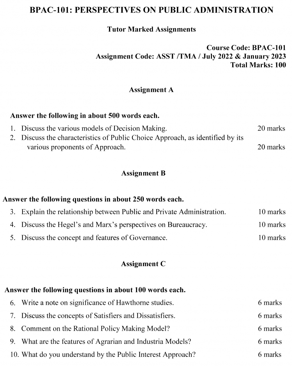 IGNOU BPAC-101 - Perspectives on Public Administration, Latest Solved Assignment -July 2022 – January 2023