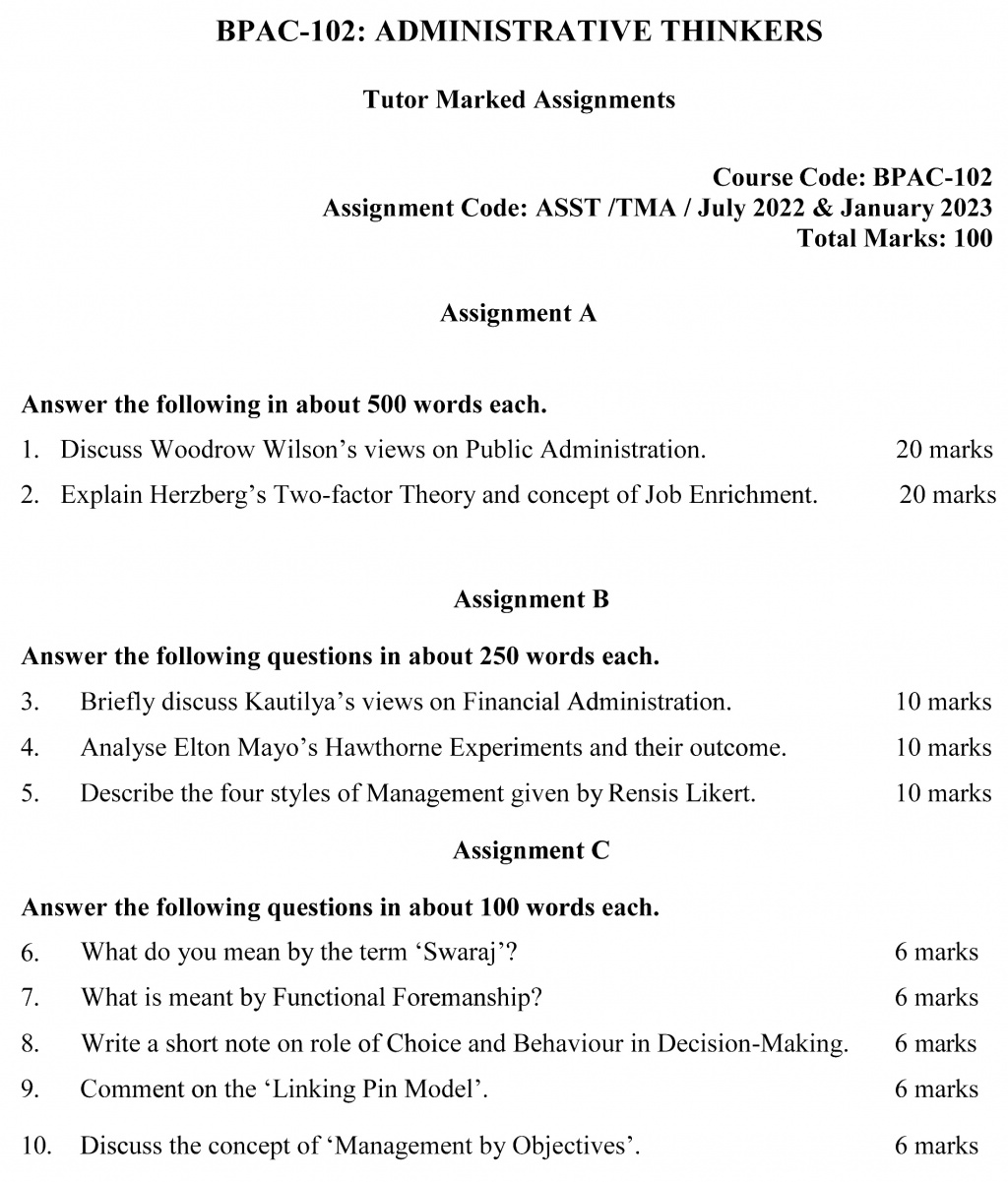 IGNOU BPAC-102 - Administrative Thinkers, Latest Solved Assignment-July 2022 – January 2023