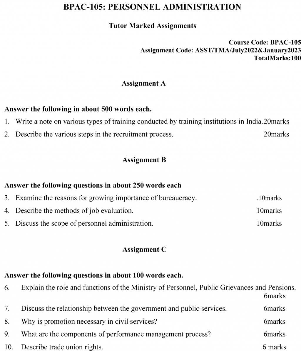 IGNOU BPAC-105 - Personnel Administration, Latest Solved Assignment-July 2022 – January 2023