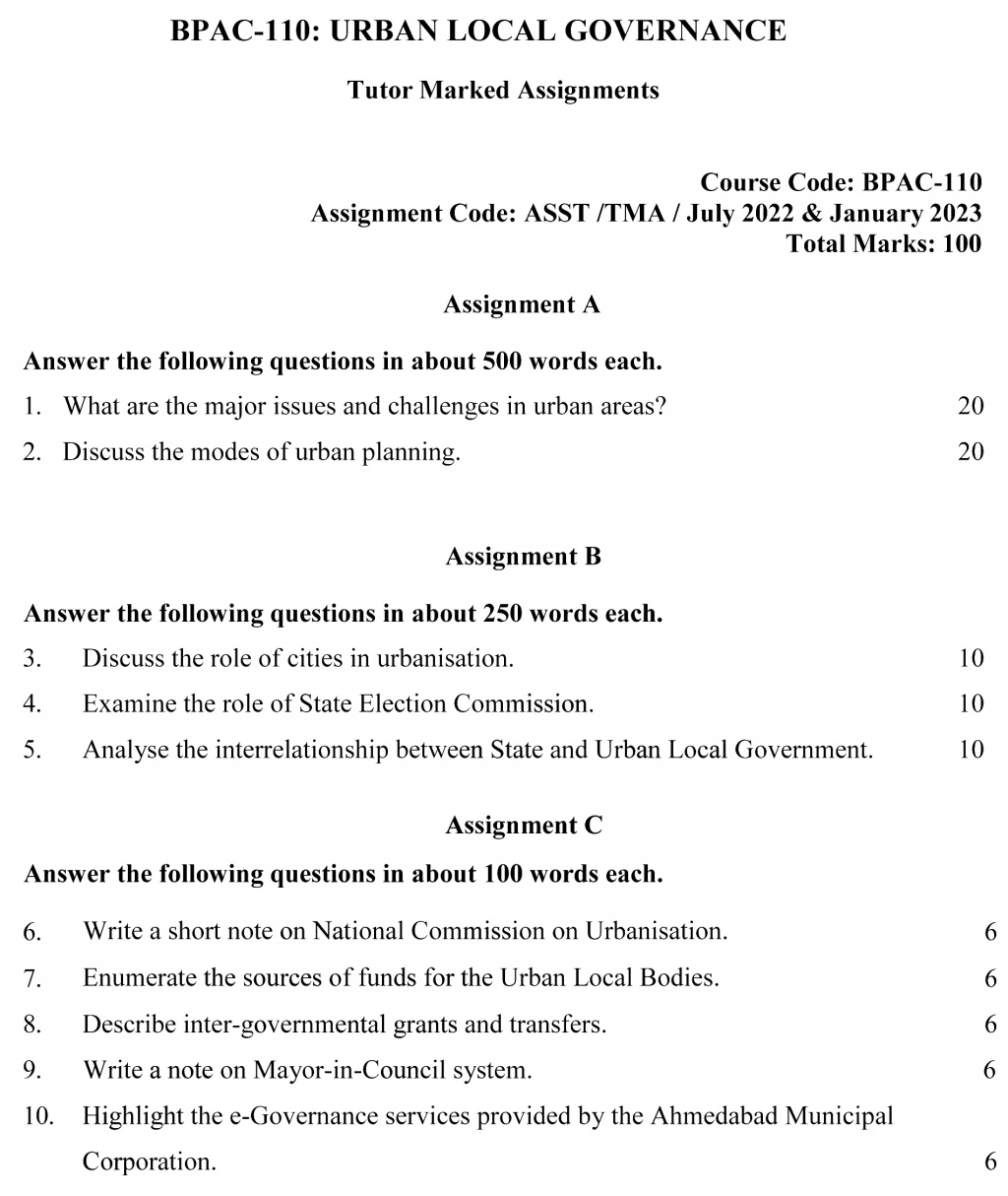 IGNOU BPAC-110 - Urban Local Governance, Latest Solved Assignment-July 2022 – January 2023