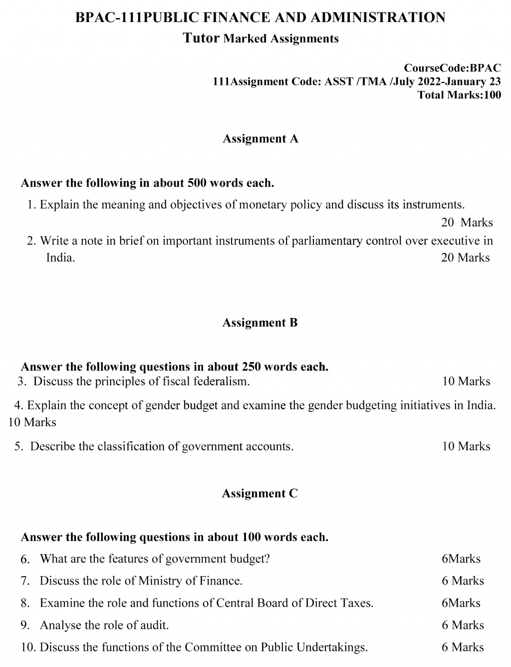 IGNOU BPAC-111 - Public Finance and Administration, Latest Solved Assignment-July 2022 – January 2023