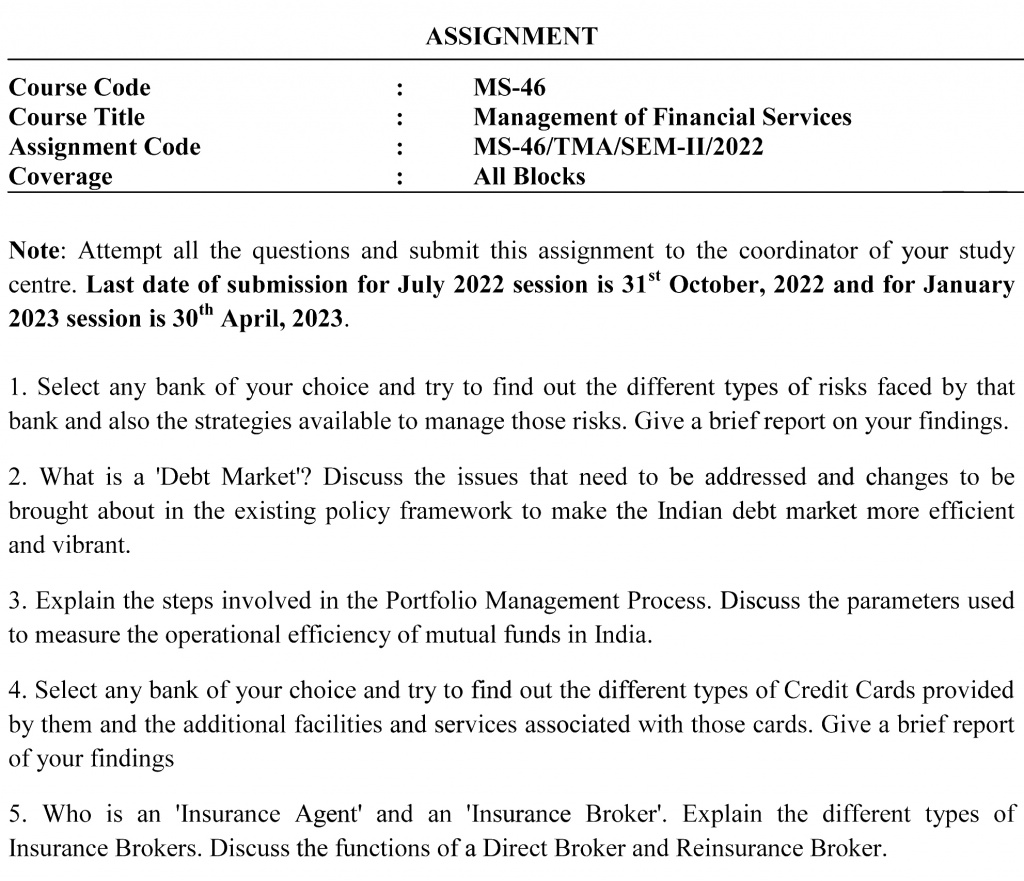 IGNOU MS-46 - Management of Financial Services Latest Solved Assignment-July 2022 - January 2023