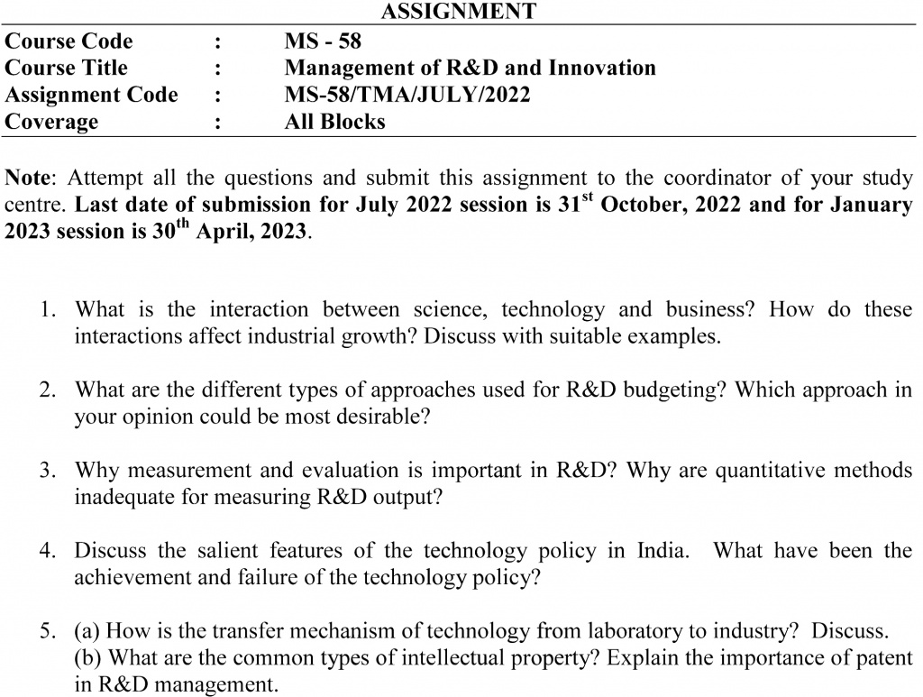 IGNOU MS-58 - Management of R&D and Innovation Latest Solved Assignment-July 2022 - January 2023