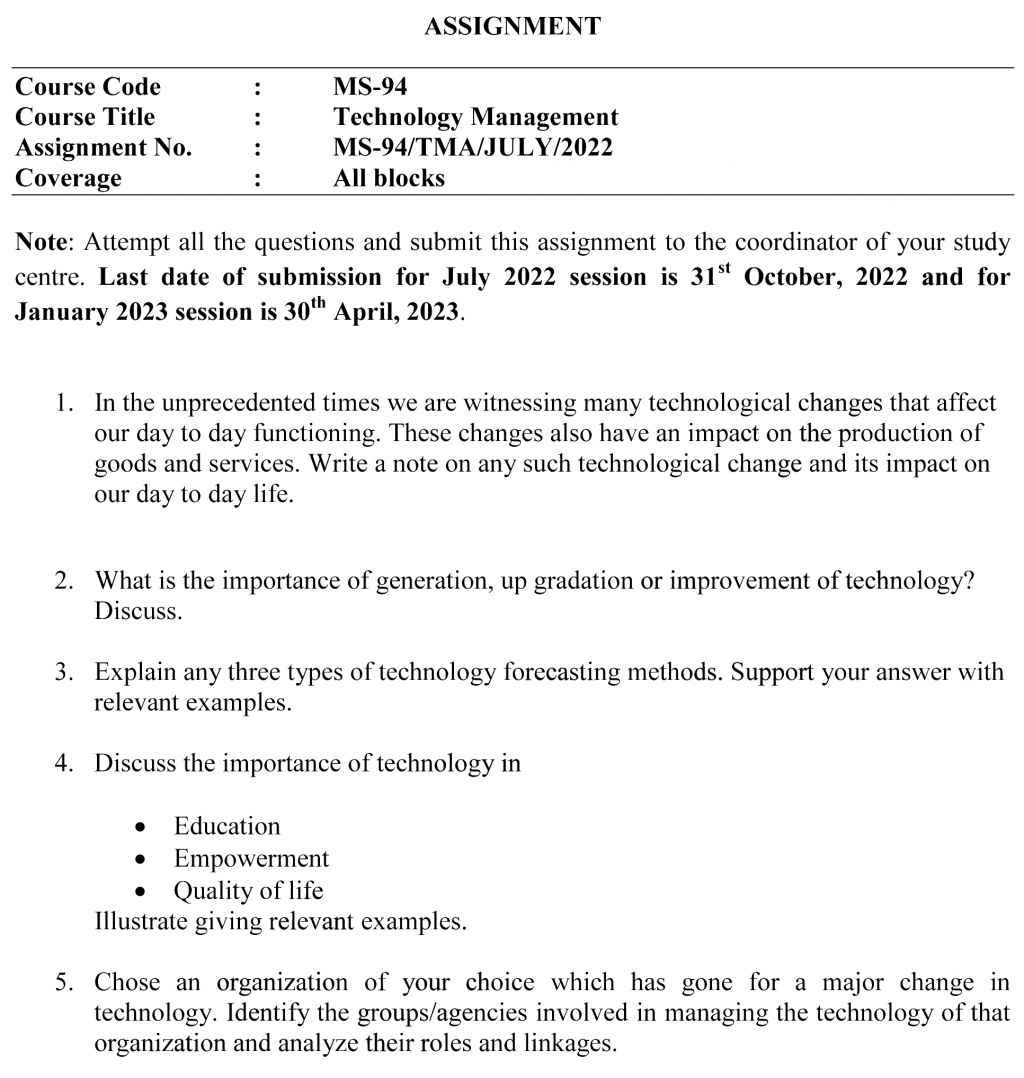 IGNOU MS-94 - Technology Management Latest Solved Assignment-July 2022 - January 2023