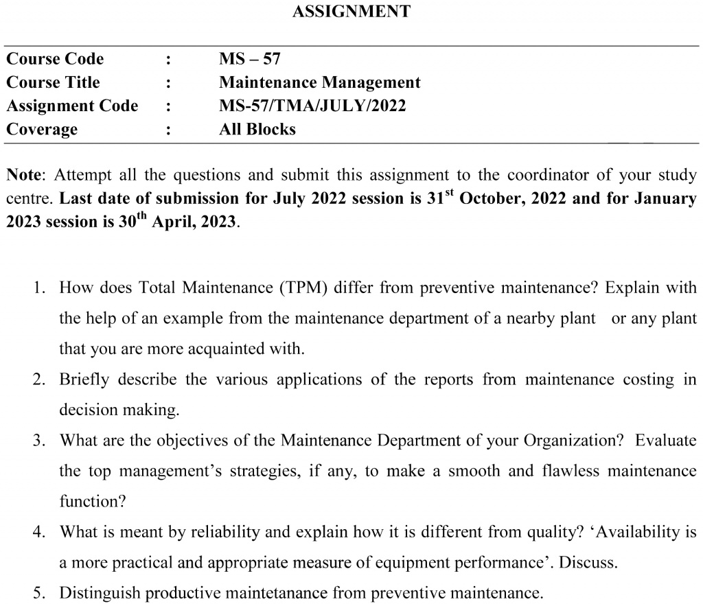 IGNOU MS-57 - Maintenance Management Latest Solved Assignment-July 2022 - January 2023