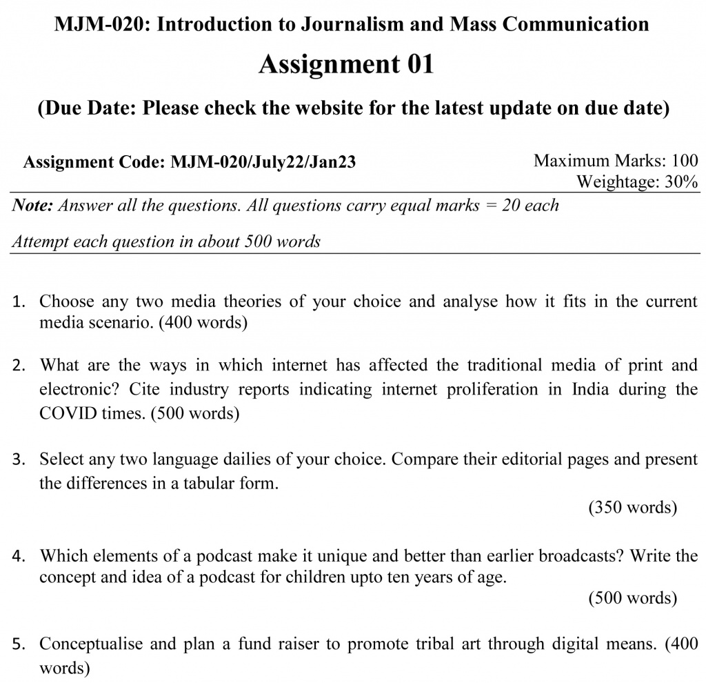 IGNOU MJM-20 - Introduction to Journalism and Mass Communication, Latest Solved Assignment-July 2022 – January 2023