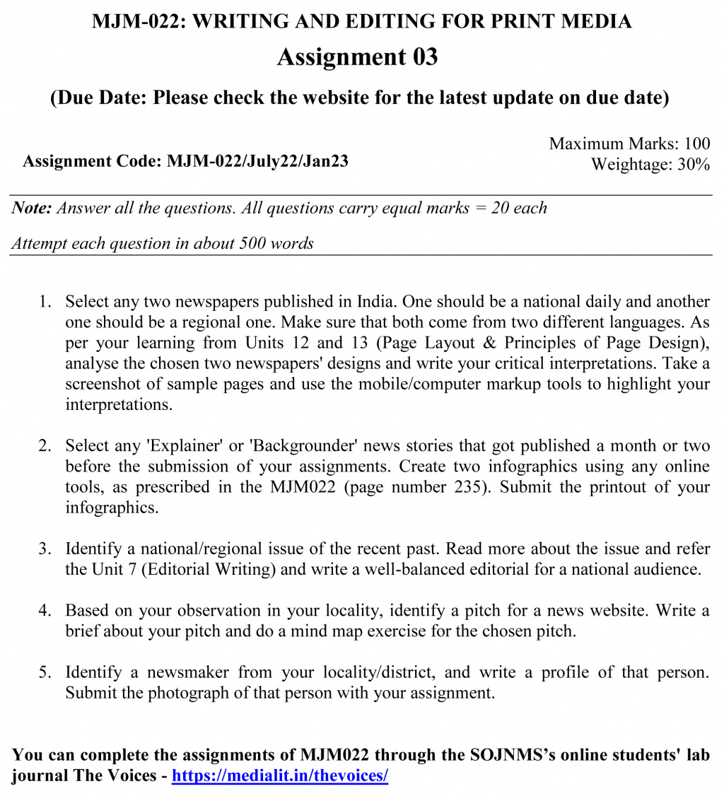 IGNOU MJM-22 - Writing and Editing for Print Media, Latest Solved Assignment-July 2022 – January 2023