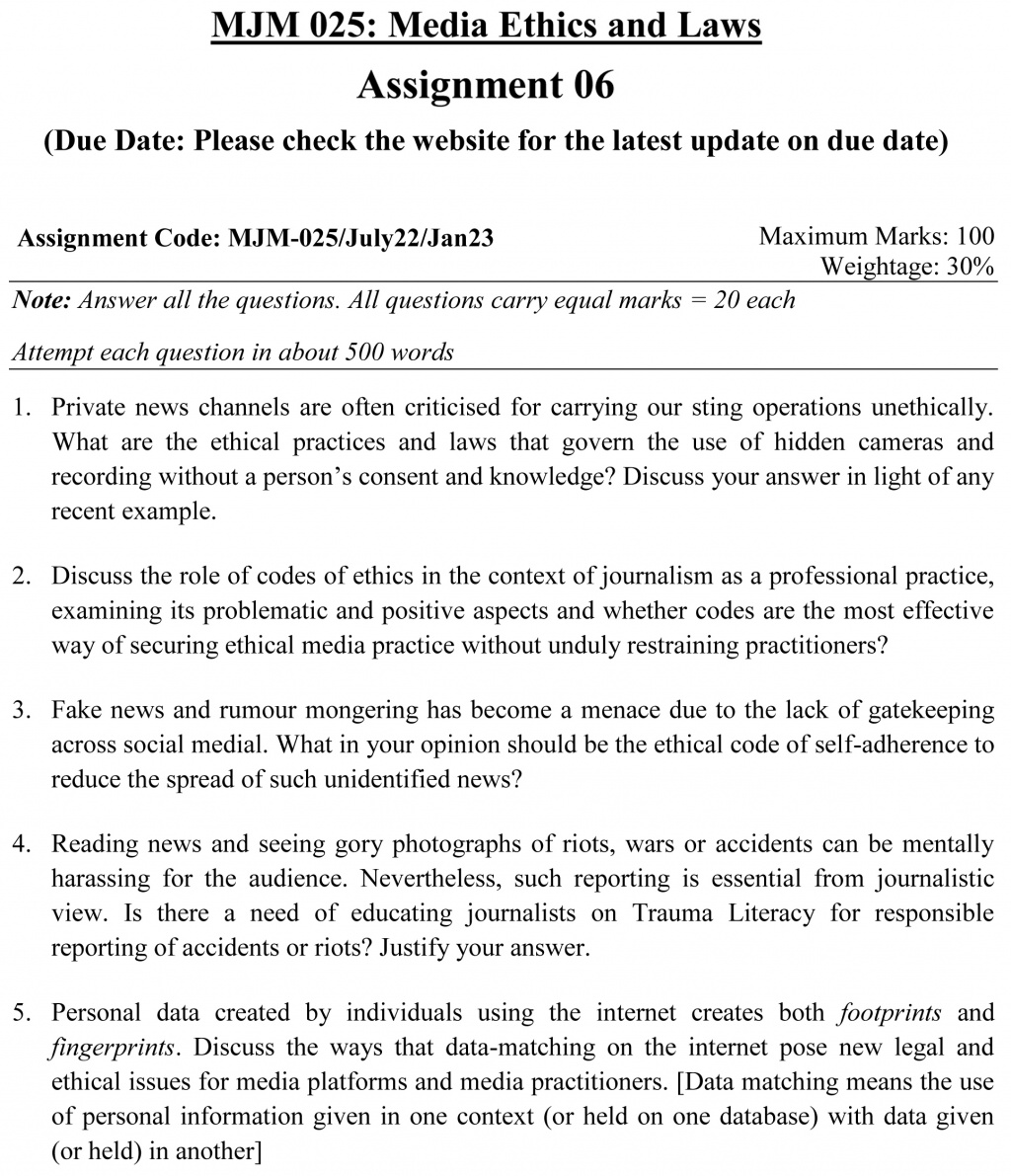 IGNOU MJM-25 - Media Ethics and Laws, Latest Solved Assignment-July 2022 – January 2023