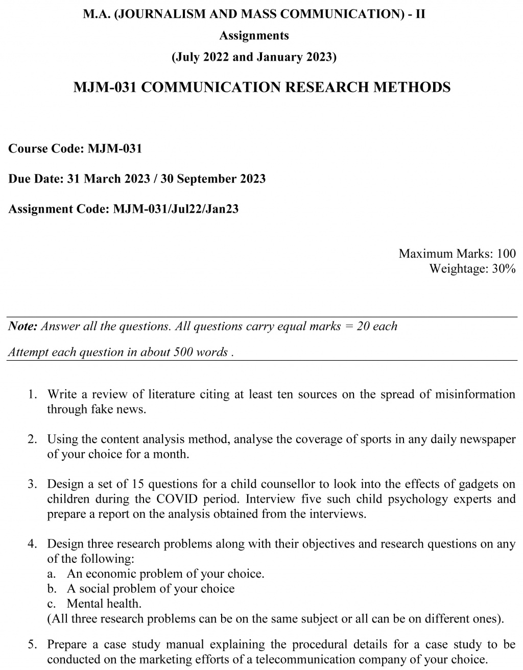 IGNOU MJM-31 - Communication Research Methods Latest Solved Assignment-July 2022 – January 2023