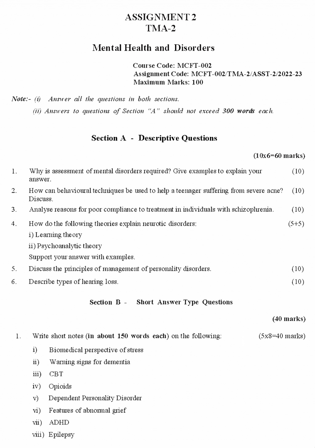 IGNOU MCFT-02 - Mental Health and Disorders, Latest Solved Assignment-July 2022 – January 2023