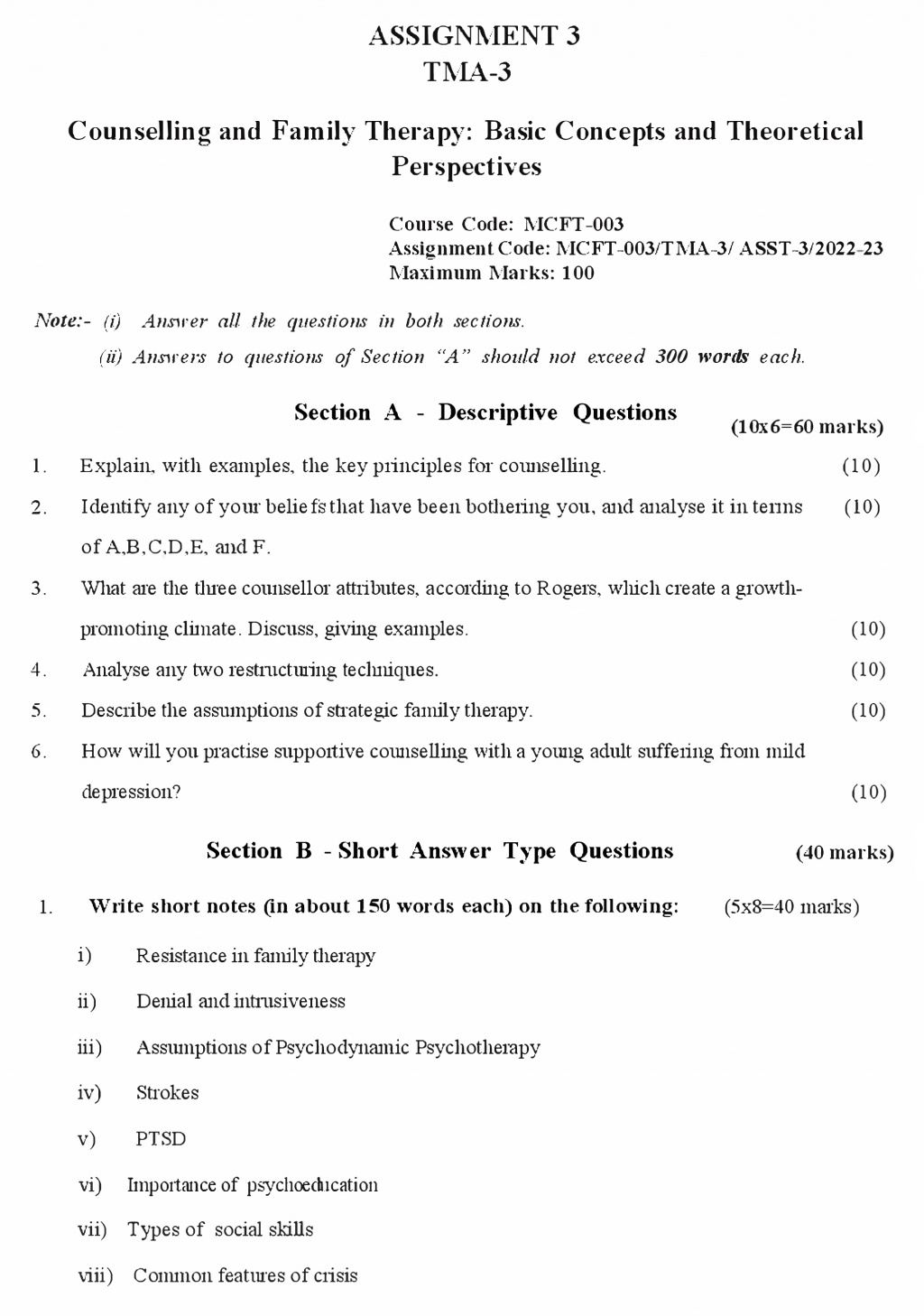 IGNOU MCFT-03 - Counselling and Family Therapy: Basic Concepts & Theoretical Perspectives, Latest Solved Assignment-July 2022 – January 2023