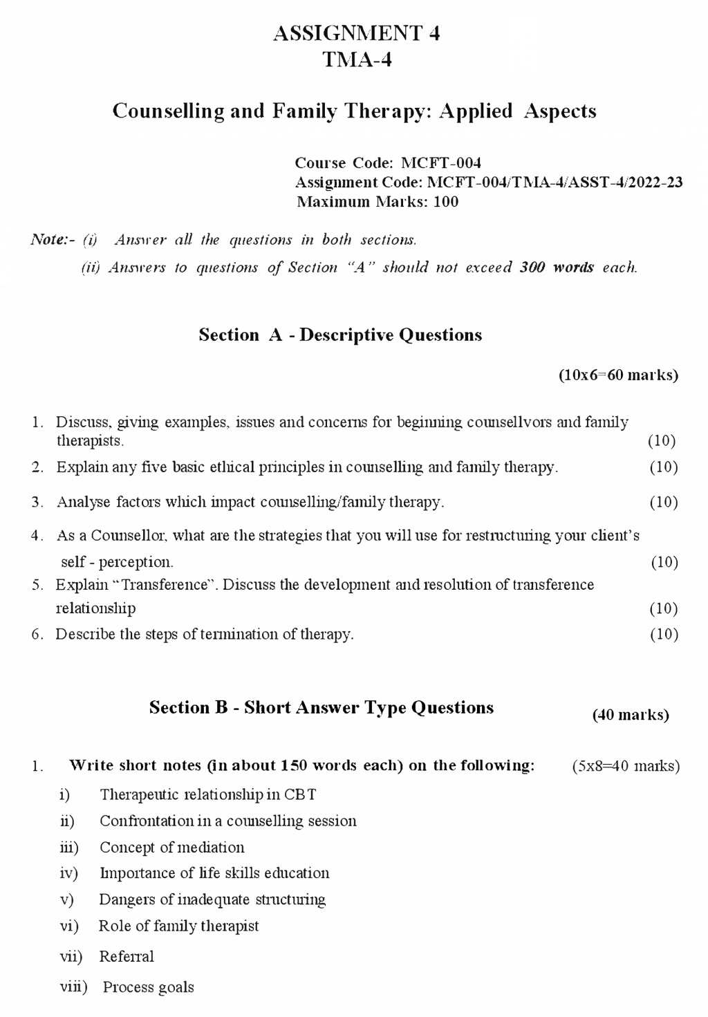 IGNOU MCFT-04 - Counselling and Family Therapy: Applied Aspects, Latest Solved Assignment-July 2022 – January 2023