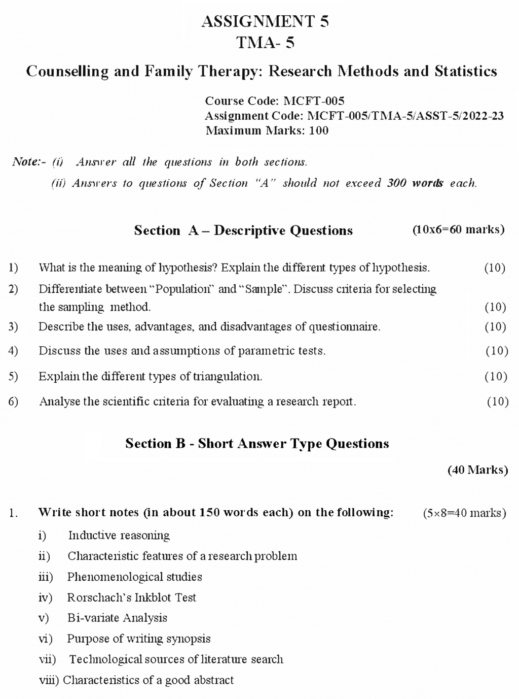 IGNOU MCFT-05 - Counselling and Family Therapy: Research Methods and Statistics, Latest Solved Assignment-July 2022 – January 2023