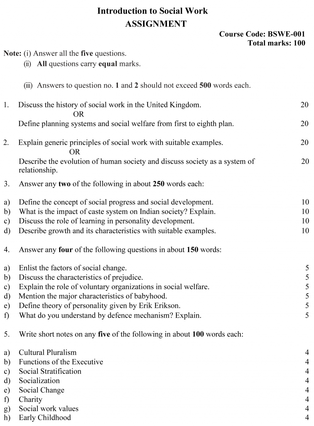 IGNOU BSWE-01 - Introduction to Social Work, Latest Solved Assignment-July 2022 – January 2023