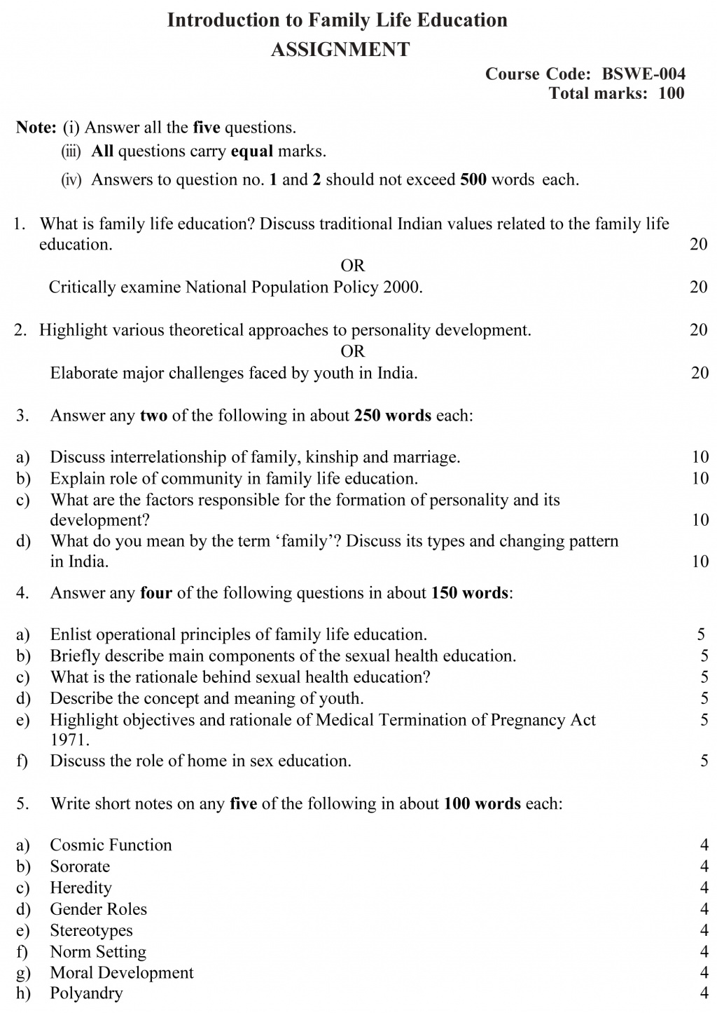 IGNOU BSWE-04 - Introduction to Family Life Education, Latest Solved Assignment-July 2022 – January 2023