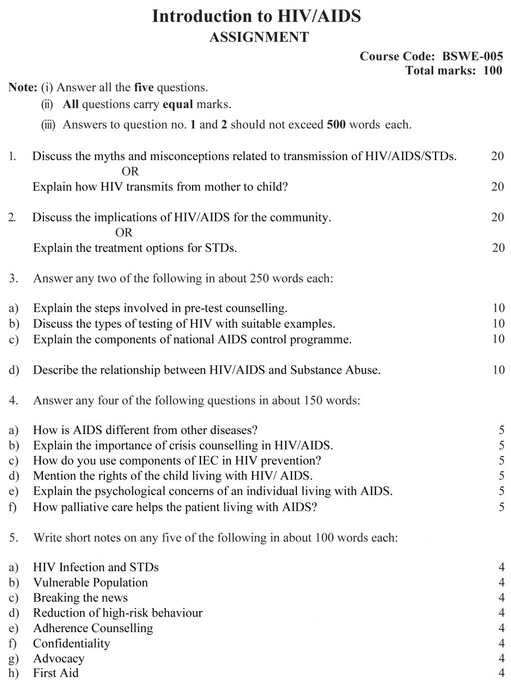 IGNOU BSWE-05 - Introduction to HIV/AIDS, Latest Solved Assignment-July 2022 – January 2023