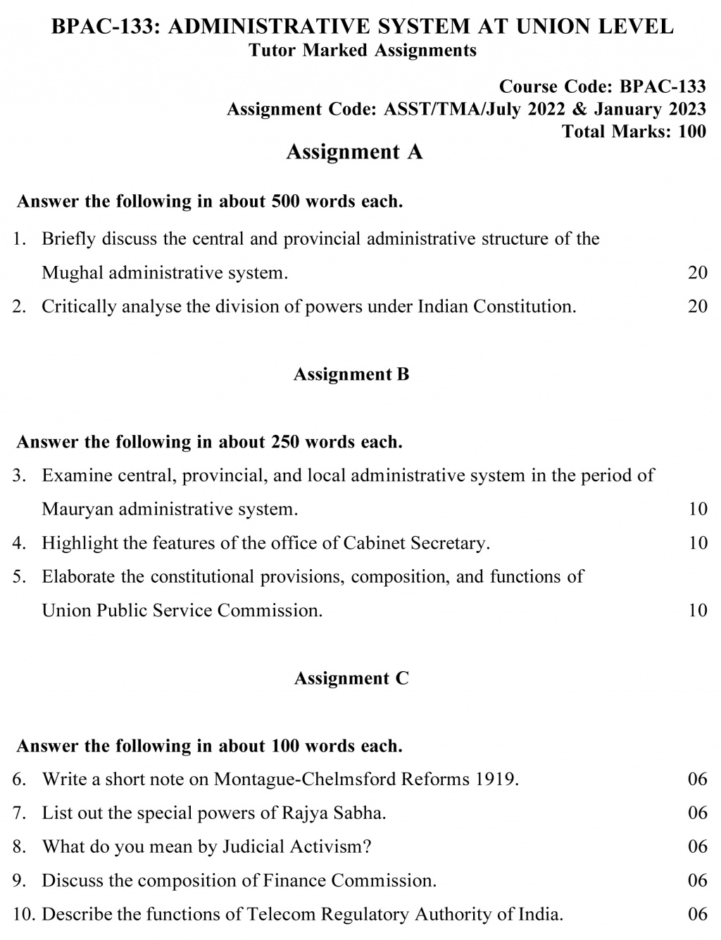 IGNOU BPAC-133 - Administrative system at Union Level, Latest Solved Assignment-July 2022 – January 2023