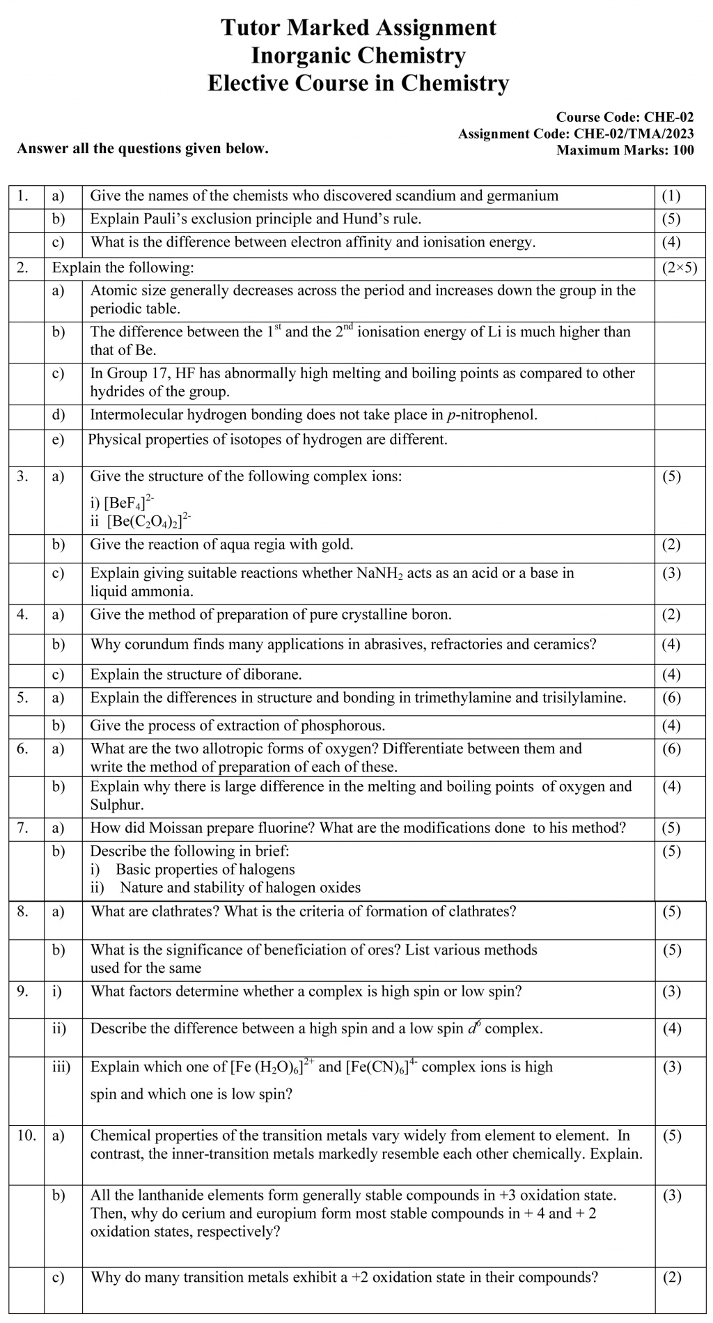 IGNOU CHE-02 - Inorganic Chemistry, Latest Solved Assignment-January 2023 - December 2023