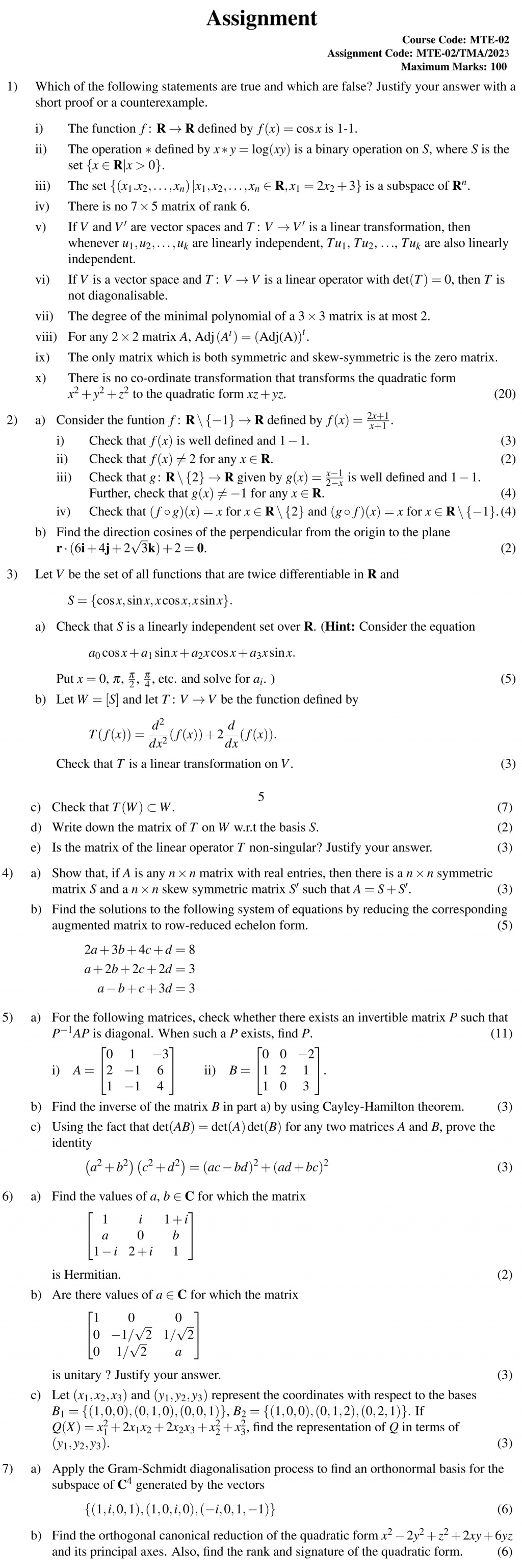 IGNOU MTE-02 - Linear Algebra, Latest Solved Assignment-January 2023 - December 2023