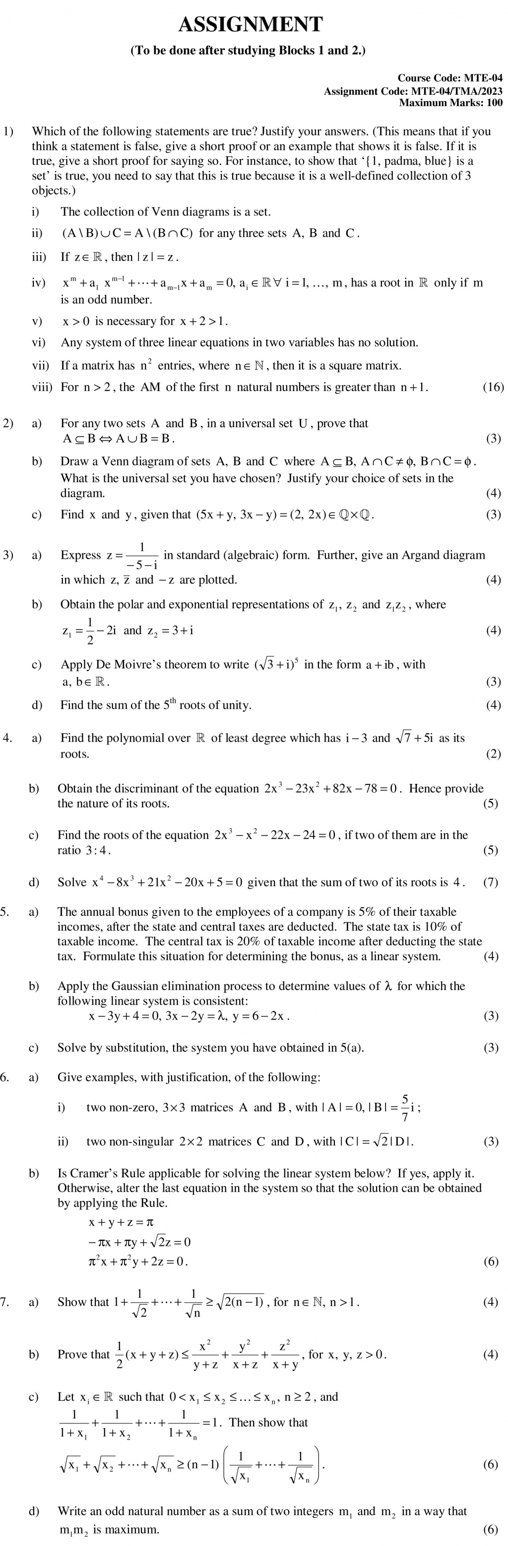 IGNOU MTE-04 - Elementary Algebra, Latest Solved Assignment-January 2023 - December 2023