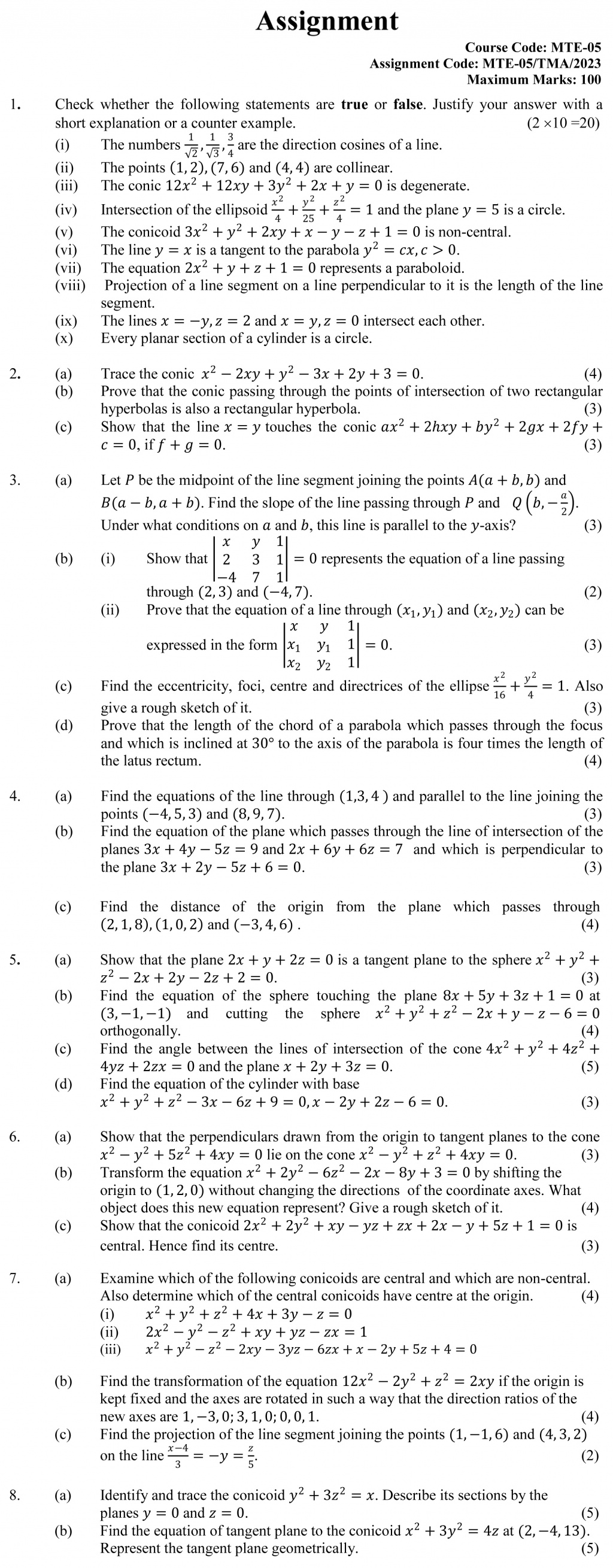 IGNOU MTE-05 - Analytical Geometry, Latest Solved Assignment-January 2023 - December 2023