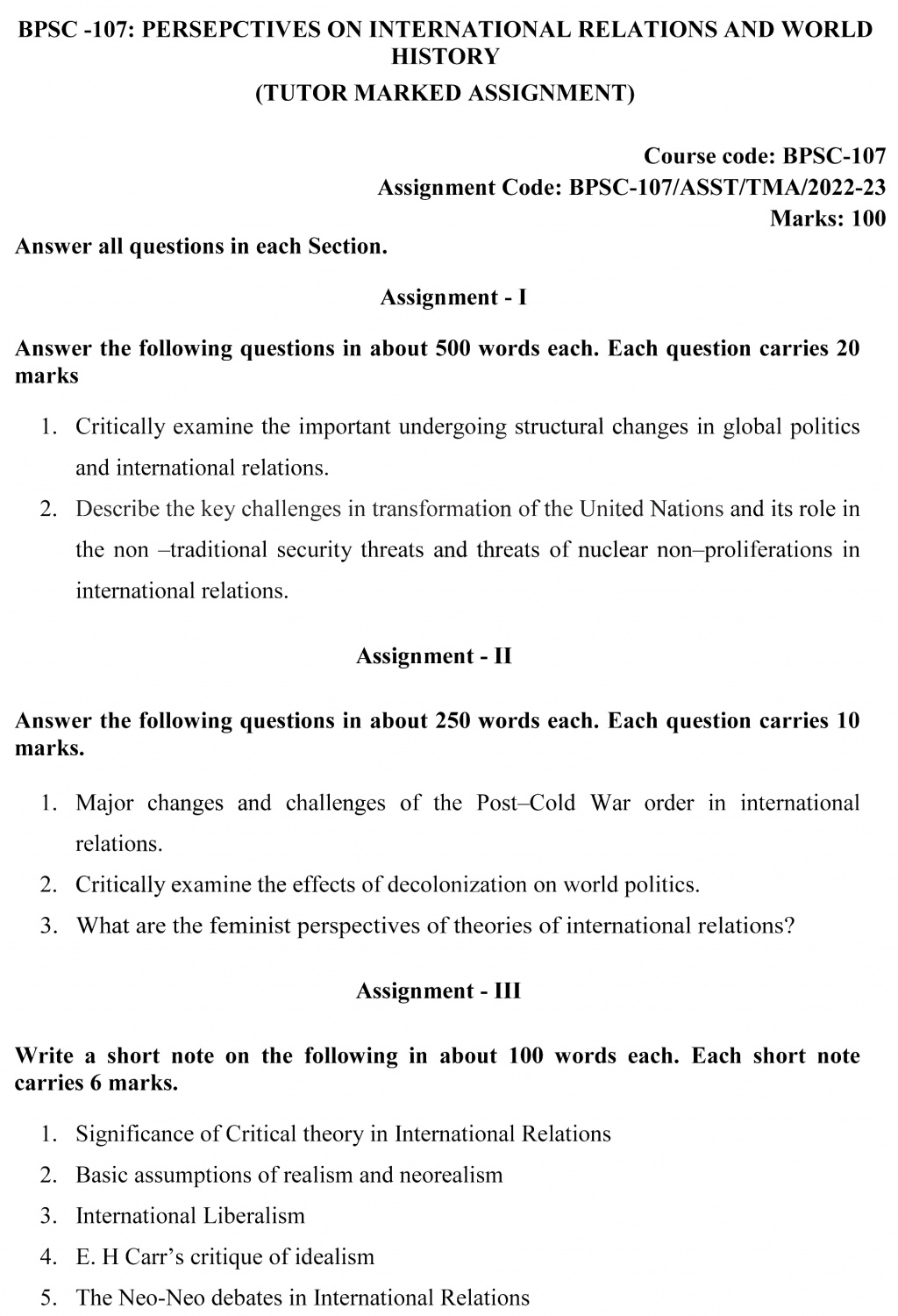 IGNOU BPSC-107 - Perspectives on International Relations and World History, Latest Solved Assignment-July 2022 – January 2023