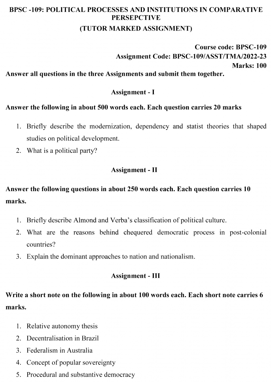 IGNOU BPSC-109 - Political Processes and Institutions in Comparative Perspective, Latest Solved Assignment-July 2022 – January 2023