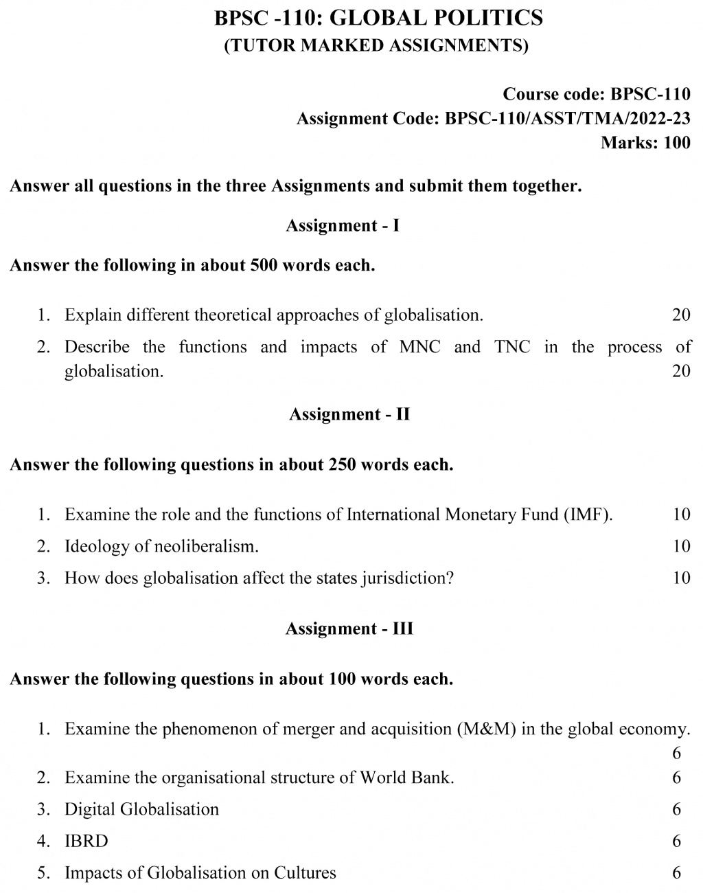 IGNOU BPSC-110 - Global Politics, Latest Solved Assignment-July 2022 – January 2023