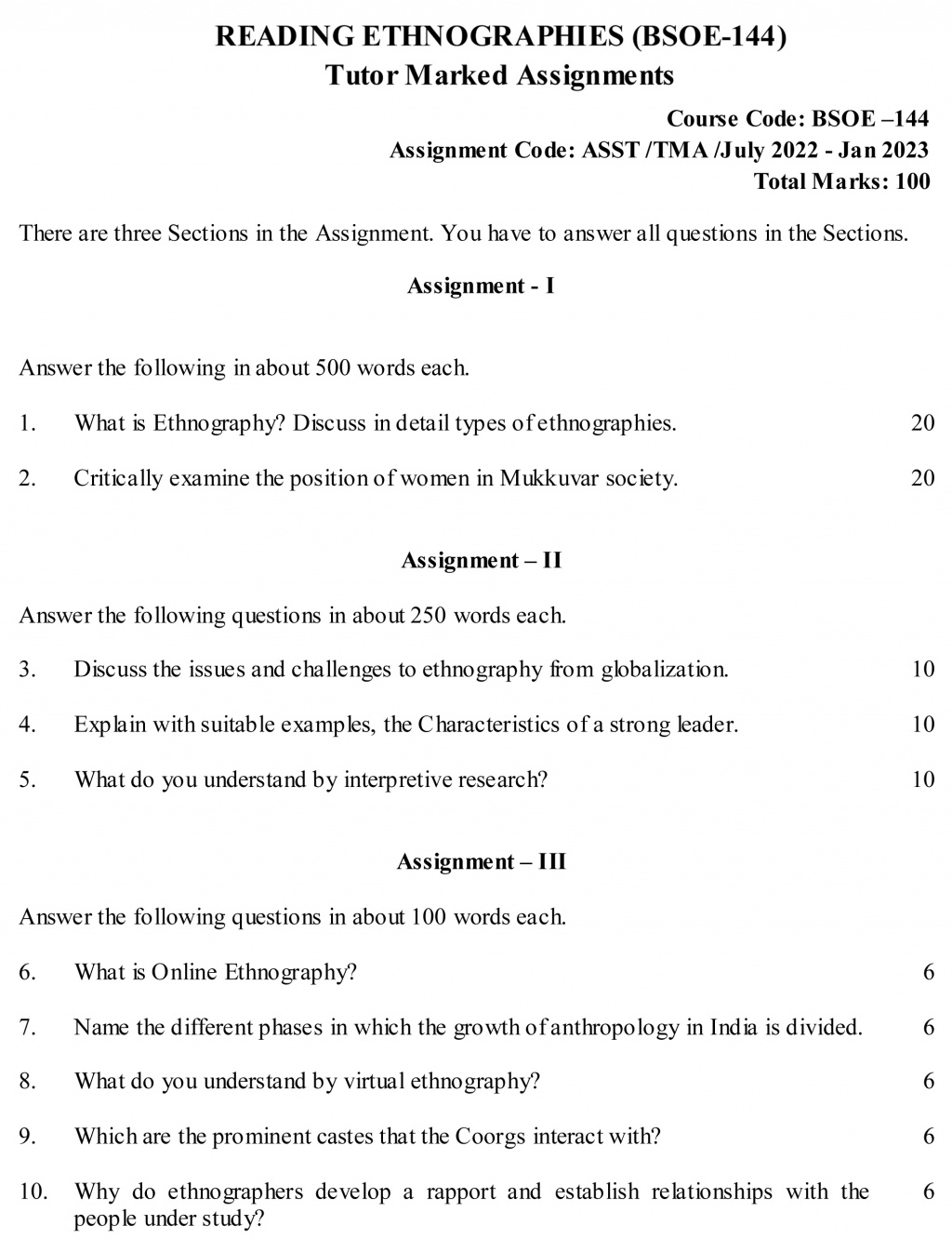 IGNOU BSOE-144 - Reading Ethnographies, Latest Solved Assignment-July 2022 – January 2023