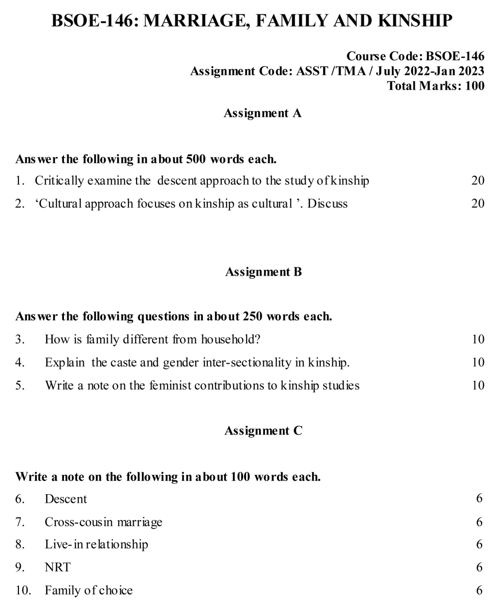 IGNOU BSOE-146 - Marriage, Family and Kinship, Latest Solved Assignment-July 2022 – January 2023